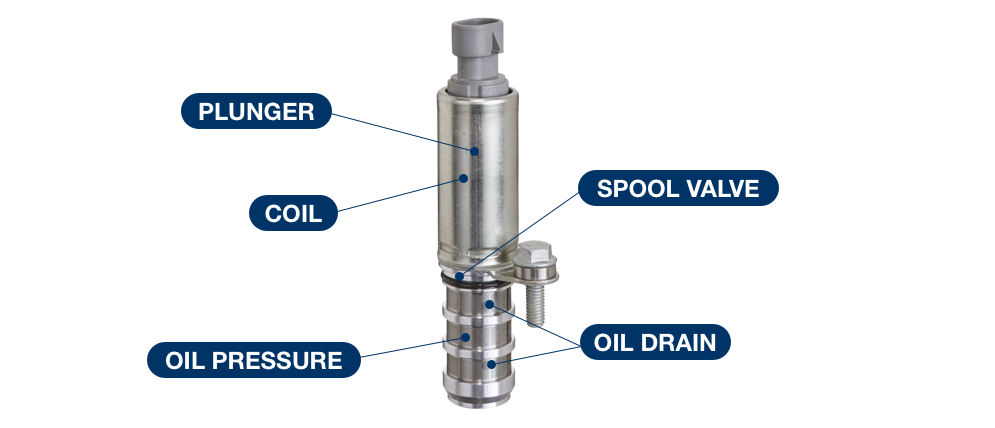 Major vvt solenoid components, plunger, coil, spool valve, oil pressure, oil drain